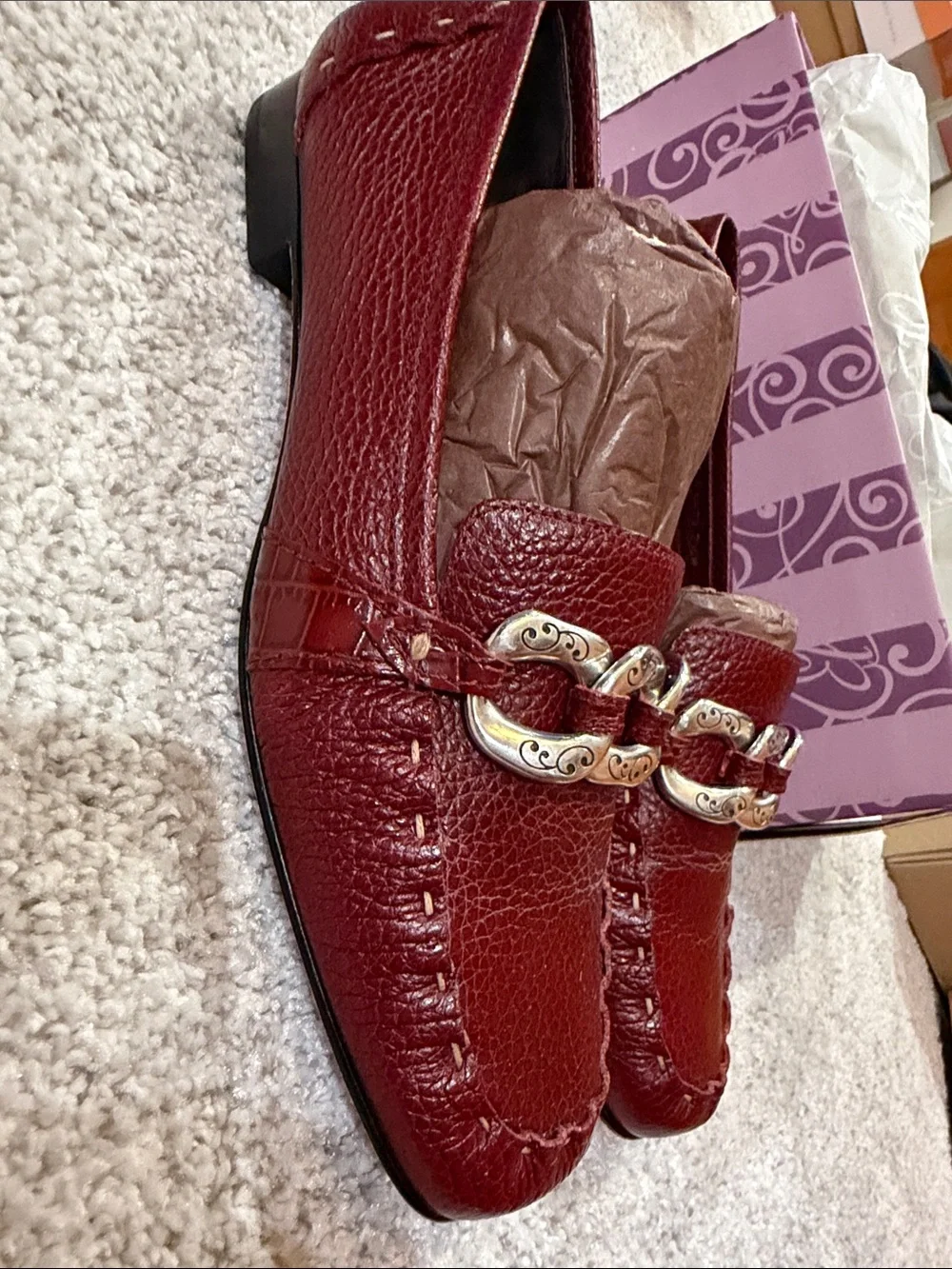 Brighton Burgundy Leather Chain-Accent Moccasin Flats